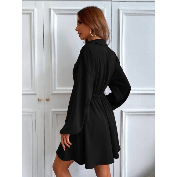 Lantern Sleeve Shirt Dress long sleeve button down black - Picture 2 of 8